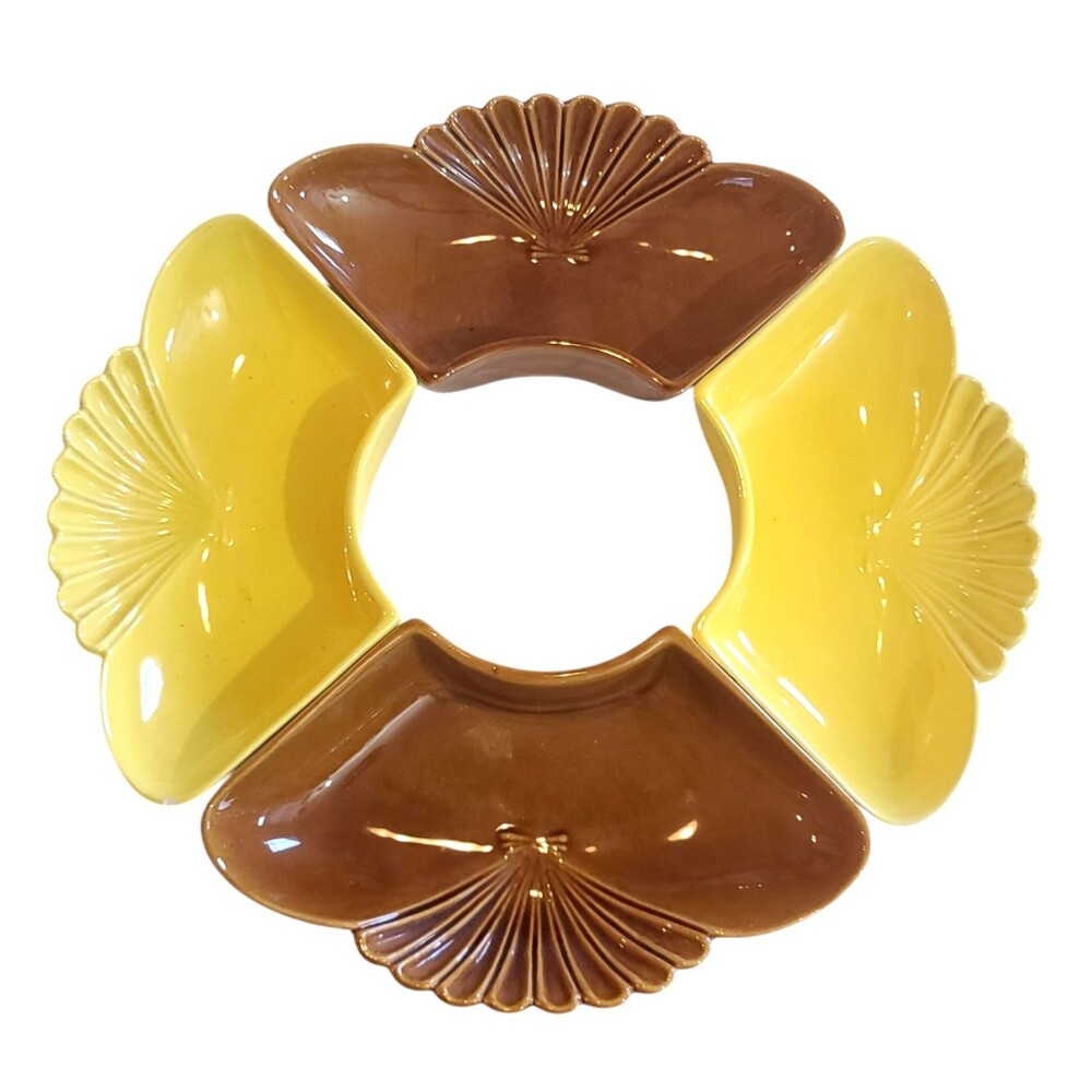Vintage 4 California Pottery Lazy Susan Chip Dip Sections Yellow Brown USA L-71